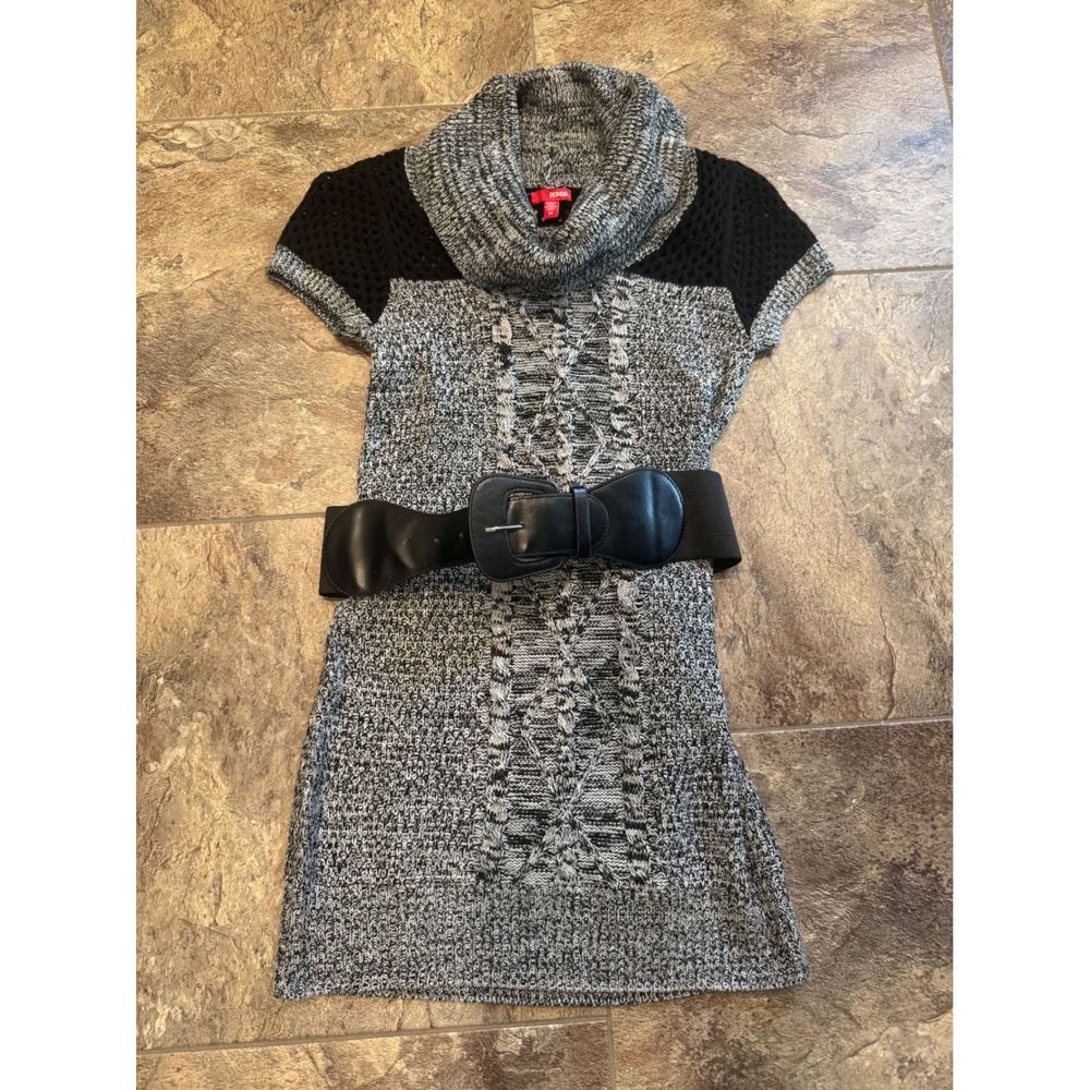 2000s Y2K Bongo Sweater Dress‎ Black Gray Cowl Neck Short Sleeve Belted M EUC